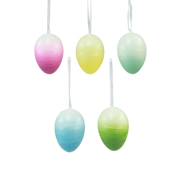 Fünf dekorative Ostereier mit Bändern zum Aufhängen