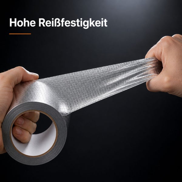 Hände ziehen an einem silbernen verstärkten Klebeband zur Demonstration der hohen Reißfestigkeit.