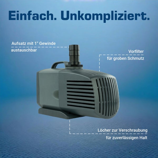 Teichpumpe mit Vorfilter für groben Schmutz, austauschbarem 1 Zoll Gewindeaufsatz und Löchern für eine sichere Verschraubung.
