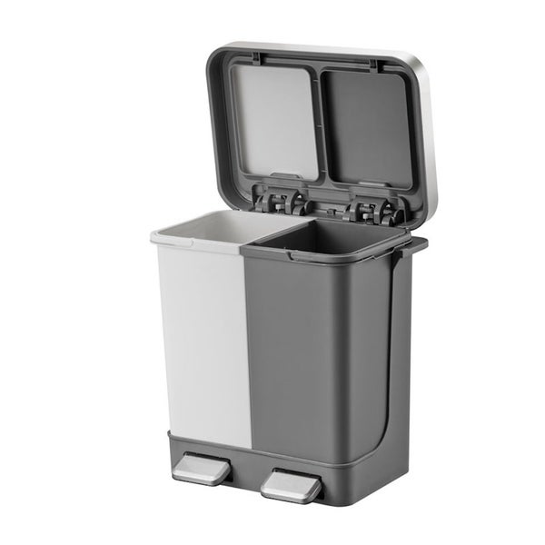 PROREGAL Funktionale Treteimer Aus Kunststoff Mit Soft Close Deckel 20 Liter HxBxT 40 x 39,5 x 29,6 cm 2 Kunststoff Innenbehälter Weiß&Grau