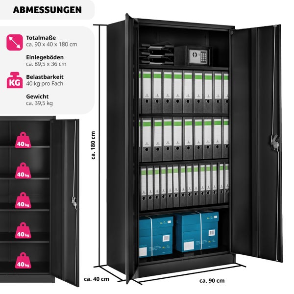 Aktenschrank tectake  180 x 90 x 40 cm aus pulverbeschichtetem Stahl schwarz