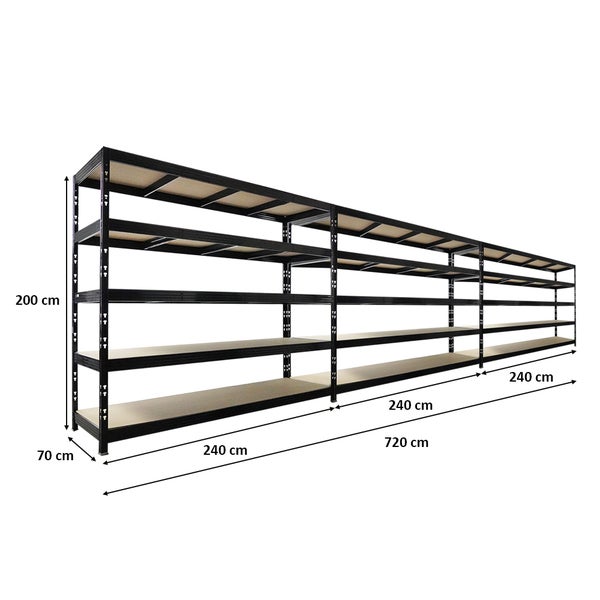 Langes Regal mit mehreren Ablageflächen und den Maßen 200 cm Höhe, 70 cm Tiefe sowie 720 cm Länge.