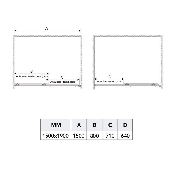 Technische Zeichnung einer Duschkabine mit Maßangaben