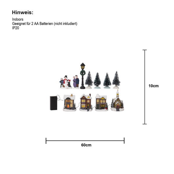 Beleuchtetes Weihnachtsdorf mit Häusern, Figuren und Bäumen, geeignet für den Innenbereich, benötigt zwei AA Batterien