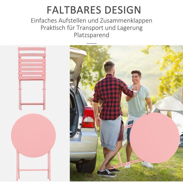 Outsunny 3-tlg. Gartenmöbel-Set, Bistrotisch mit 2 Stühlen, für Hof, Garten, klappbar, Metall, Ø60L x 71H cm, Rosa