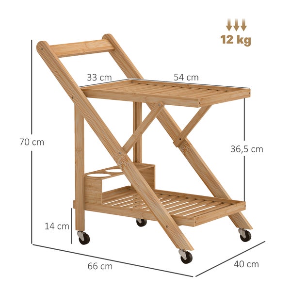 HOMCOM Küchenwagen Servierwagen mit Weinregal, Arbeitsplatte, 2 Ebenen, Rollwagen für Büro, Küche, Wohnzimmer, 66 x 40 x 70 cm, Bambus, Natur