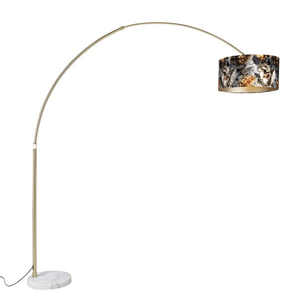 QAZQA - Klassisch I Antik Bogenlampe Messing mit Schatten Blumenmuster 50 cm - XXL I Wohnzimmer I Schlafzimmer - Stahl Länglich - LED geeignet E27