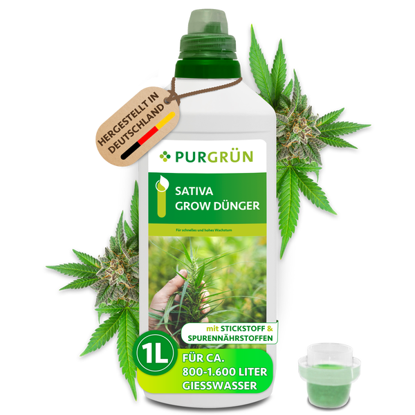 Purgrün Sativa Grow Dünger Flüssigdünger 1 Liter Flasche mit Stickstoff und Spurennährstoffen für schnelles Pflanzenwachstum