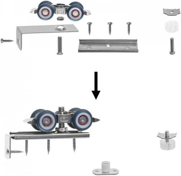 Schiebetürbeschlag Set mit Laufwagen, Führungsschiene, Schrauben und Bodenführung zur Montage von Schiebetüren.
