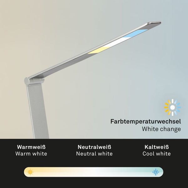 Briloner Leuchten ? LED Tischlampe verstellbar, Tischleuchte LED schwenkbar, Schreibtischlampe Touch, Farbtemperatur einstellbar, Dimmbar, Silberfarbig