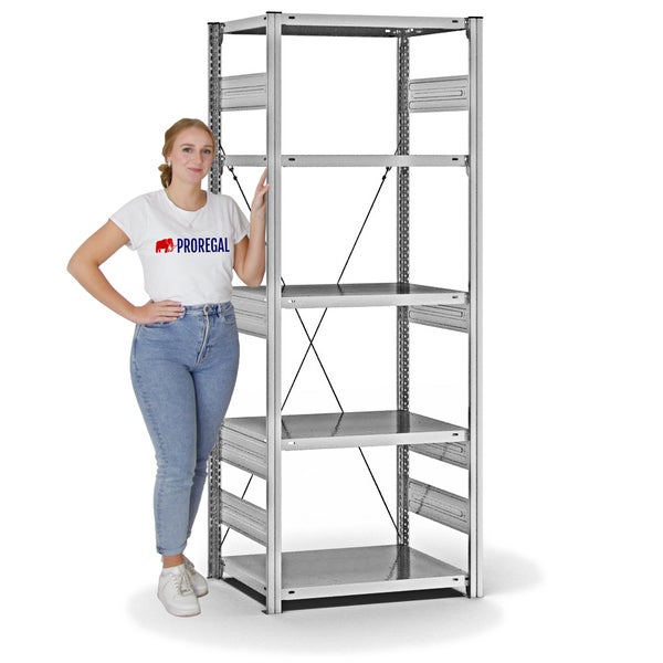 PROREGAL Fachbodenregal Stecksystem T-Profil Heavy-Duty Grundregal HxBxT 200 x 75 x 50 cm 5 Ebenen Fachlast 300 kg Einseitig Nutzbar Verzinkt