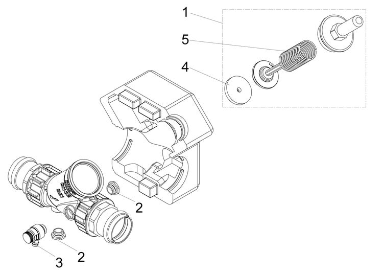 Explosionszeichnung einer Ventilbaugruppe mit Gehäuse, Feder-Einsatz und Anschlussteilen.