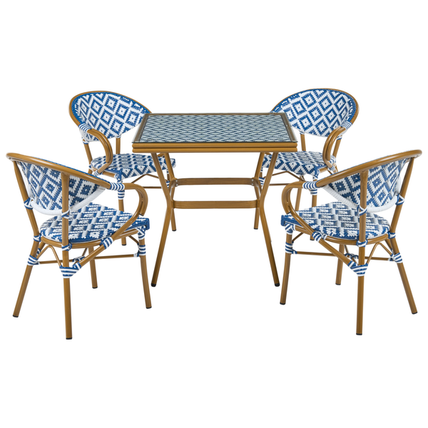 Gartenmöbel-Set bestehend aus einem quadratischen Tisch und vier Stühlen mit blau-weißem Flechtmuster im Bistro-Stil.