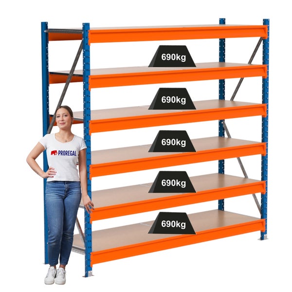 Regal mit fünf Ebenen und einer maximalen Traglast von 690 Kilogramm pro Ebene