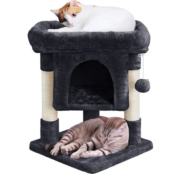 Katzenkratzbaum mit Liegeflächen und Höhle, mit zwei Katzen
