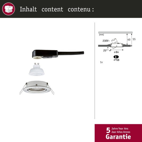 Lieferumfang eines Einbaustrahlers mit LED Leuchtmittel, Anschlussgehäuse und Rahmen sowie technische Zeichnung und Siegel für 5 Jahre Garantie.