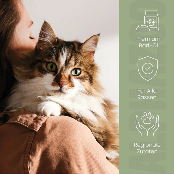 Frau hält Katze, Produktinformationen zu Premium Barf-Öl, geeignet für alle Rassen, regionale Zutaten.