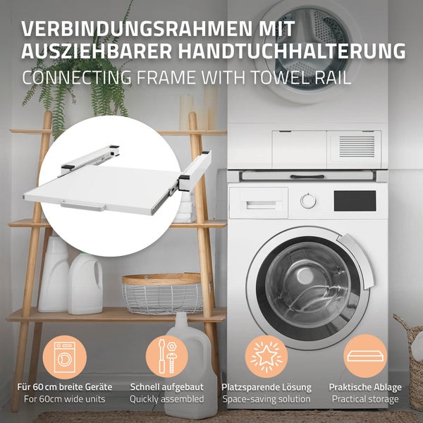 ML-Design Zwischenbaurahmen mit Ausziehplatte aus Stahl, 60x60 cm, Weiß, Verbindungsrahmen für Waschmaschine / Trockner, Zwischenbausatz mit Auszug als Ablage für Wäschekorb, Zwischenrahmen Universal