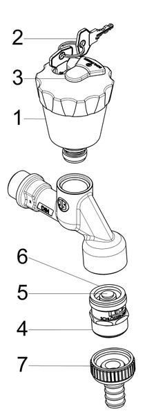 Explosionszeichnung einer abschließbaren Auslaufarmatur für den Außenbereich mit nummerierten Bauteilen wie Griff, Schlüssel und Schlauchanschluss.