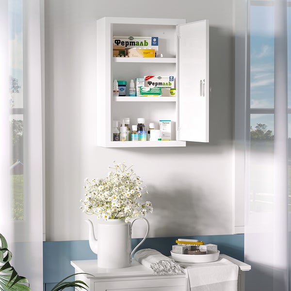 kleankin Medizinschrank, Apothekerschrank mit 3 Fächern, Medikamentenschrank, Abschließbarer Erste Hilfe Schrank mit 2 Schlüsseln, Stahl, Weiß, 30 x 14 x 46 cm