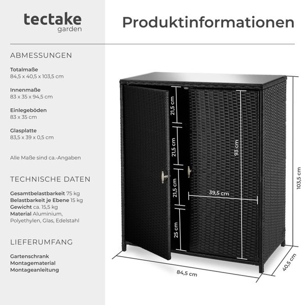 tectake garden Logo. Produktdatenblatt für Gartenschrank aus Polyrattan mit Maßen circa 84,5 mal 40,5 mal 103,5 Zentimeter und technischen Daten.
