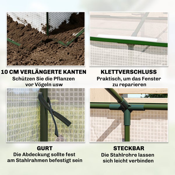Details eines Gewächshauses: 10 Zentimeter verlängerte Kanten, Klettverschluss, Befestigungsgurt und Steckverbindungen für den Metallrahmen.