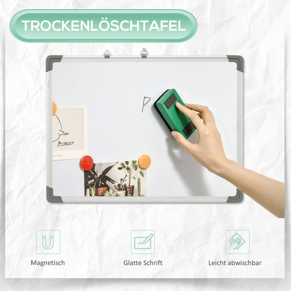 Magnetisches Whiteboard mit Aluminiumrahmen, Hand löscht Schrift mit Wischer, Symbole für magnetisch, glattes Schreiben und leichte Reinigung.