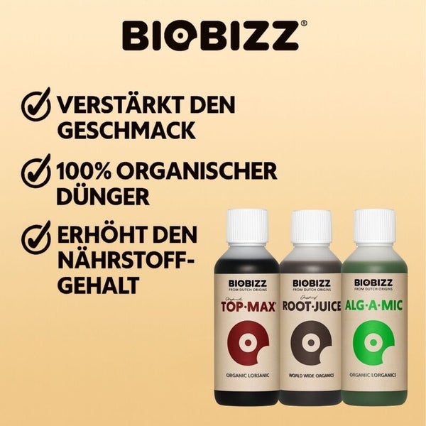 Biobizz Logo, Biobizz Dünger Top-Max, Root-Juice und Alg-A-Mic, 100 Prozent organischer Dünger, verstärkt Geschmack und erhöht Nährstoffgehalt.