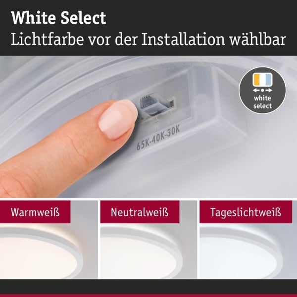 White Select Funktion: Lichtfarbe vor Montage per Schiebeschalter wählen. Einstellungen für Warmweiß, Neutralweiß und Tageslichtweiß.