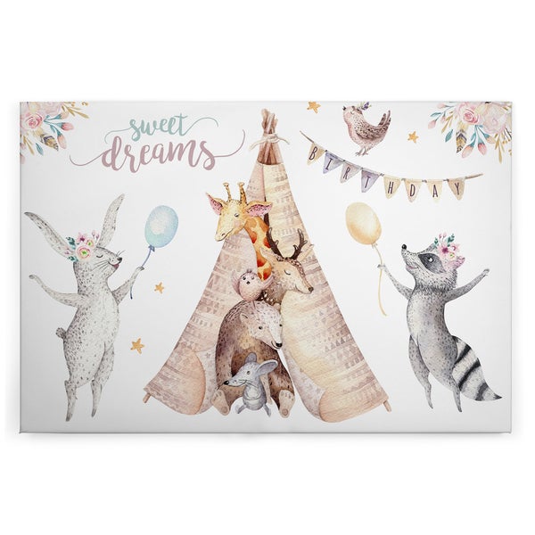Leinwandbild für Kinderzimmer mit Tiermotiven und Zelt im Aquarellstil mit der Aufschrift Sweet Dreams und Birthday Wimpelkette
