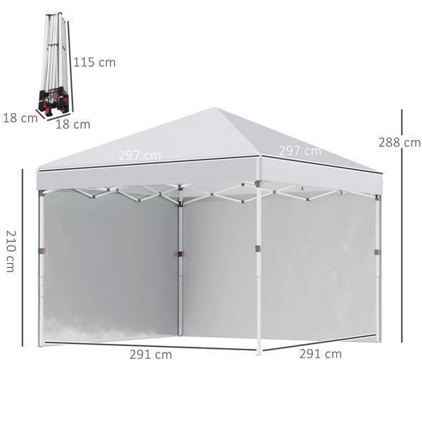 Outsunny Pavillon ca.3x3m, wasserabweisend Stabil Winterfest Pop-up Faltpavillon mit 2 Seitenwänden, UV Schutz 30+, Faltbar Partyzelt Gartenzelt mit Tasche, Gartenpavillon für Camping, Weiß