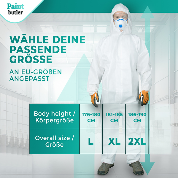 Paintbutler Pro - Chemikalien-Schutzanzug mit Kapuze - Kat III Typ 5B & 6B - Industrie-Schutzkleidung, mikroporöser Einweg-Arbeits-Overall, Robust 60gsm, Partikeldicht - XXL