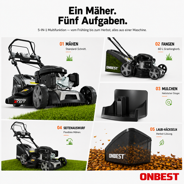 Benzin-Rasenmäher mit 5-in-1-Funktion für Mähen, Fangen mit 60-Liter-Fangkorb, Mulchen, Seitenauswurf und Laub-Häckseln.