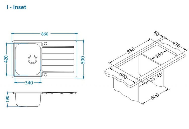 Technische Zeichnung mit Maßangaben einer Einbauspüle mit Abtropffläche, Ansicht von oben, vorne und perspektivisch.