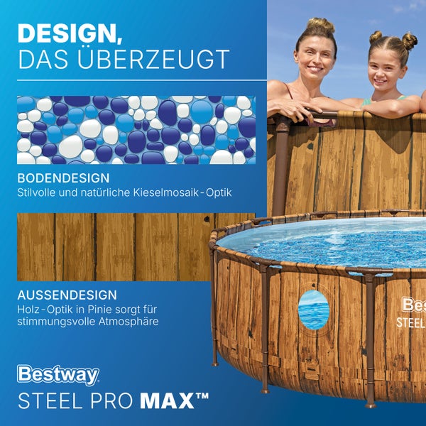 Bestway Logo neben Frau und Kind an einem runden Bestway Steel Pro MAX Pool mit Pinienholz-Optik und Kieselmosaik-Muster.