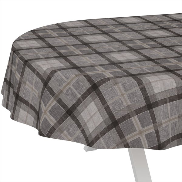 Runde Wachstuchtischdecke mit grau-beigem Karomuster auf einem Tisch.