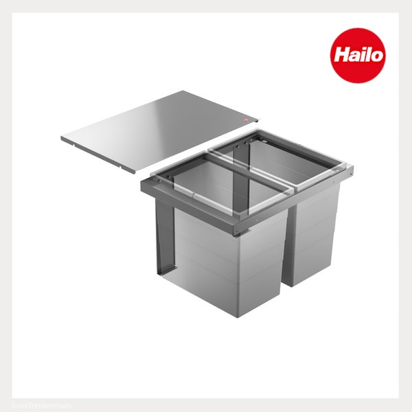 Hailo Logo. Einbau-Abfalltrennsystem mit zwei grauen Kunststoffbehältern und einem Metalldeckel.