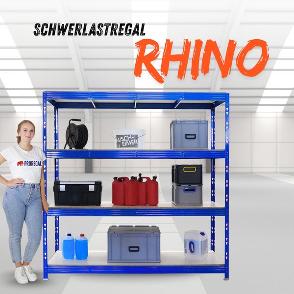 Blaues Schwerlastregal Rhino von Proregal aus Metall mit vier Ebenen, bestückt mit Lagerboxen, Werkzeugkoffern und Kanistern.