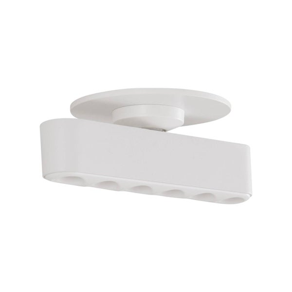 Nahaufnahme einer weißen LED-Wandleuchte mit integrierten Lichtquellen und abgerundetem Design.