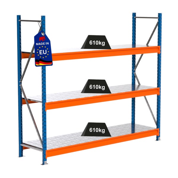Regal mit drei Ebenen, Traglast 610 Kilogramm pro Ebene und Made in EU Kennzeichnung