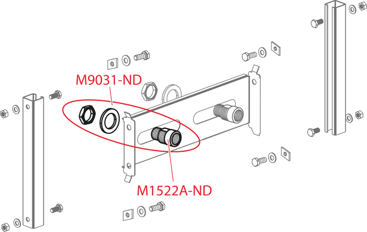 Explosionszeichnung eines Montagesets mit hervorgehobenen Bauteilen M9031-ND und M1522A-ND, inklusive Profilschienen, Schrauben und Muttern.