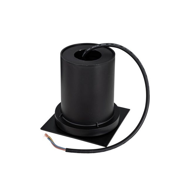 Schwarzes zylindrisches Einbaugehäuse mit quadratischer Basis und einem Stromkabel mit abisolierten Aderenden.