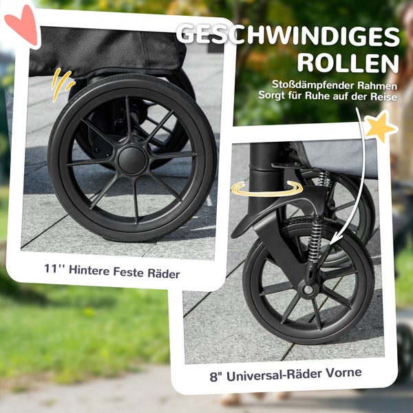 PawHut Hundewagen Hundebuggy klappbar für große Hunde & Katzen bis 30 kg Katzenbuggy mit Kissen Netzfenstern Türen Aufbewahrungstasche Katzenwagen mit Sicherheitsleinen, Bremsen, Buggy Grau