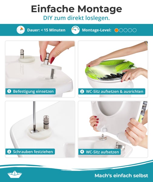 Calmwaters® WC Sitz Motiv Wellness Oase einfache Montage, Toilettendeckel bis 250 kg, Made in EU, antibakterieller Duroplast, Absenkautomatik, 2 Montage Optionen, abnehmbar, Klobrille, oval