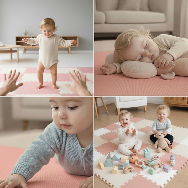 Vier Bilder von Babys auf einer quadratischen Spielmatte in einem hellen Wohnzimmer mit Spielzeug und beim Schlafen.