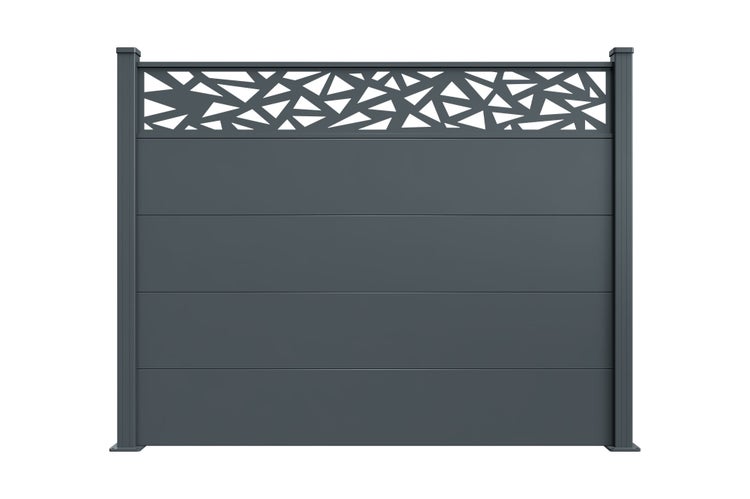 Sichtschutzelement aus Metall mit dekorativem Designelement im oberen Bereich und blickdichter Unterseite für den Garten