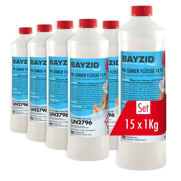 Abbildung von Bayzid pH-Senker flüssig 14,9 % in Kanister und Flasche mit Informationen zur Anwendung und Vorteilen