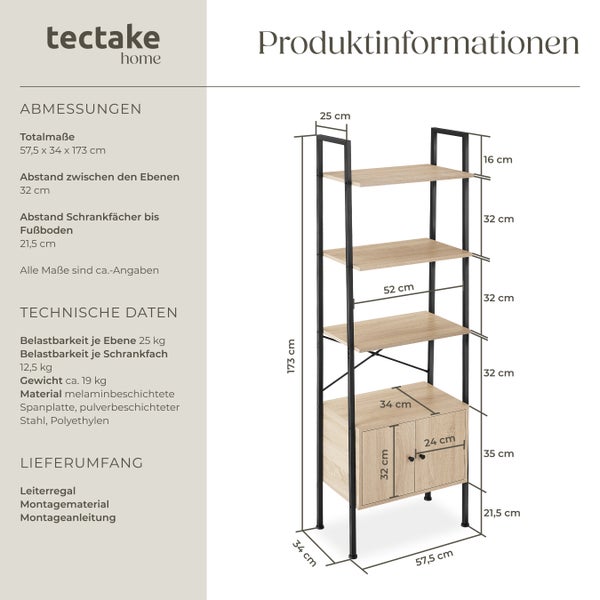 Produktinformationen zu einem schwarzen Leiterregal mit vier Regalböden und einem Schrankfach der Marke tectake Home.