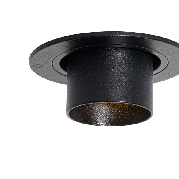 Moderner Einbaustrahler aus Metall in Schwarz mit zylindrischem Gehäuse und warmem Licht.