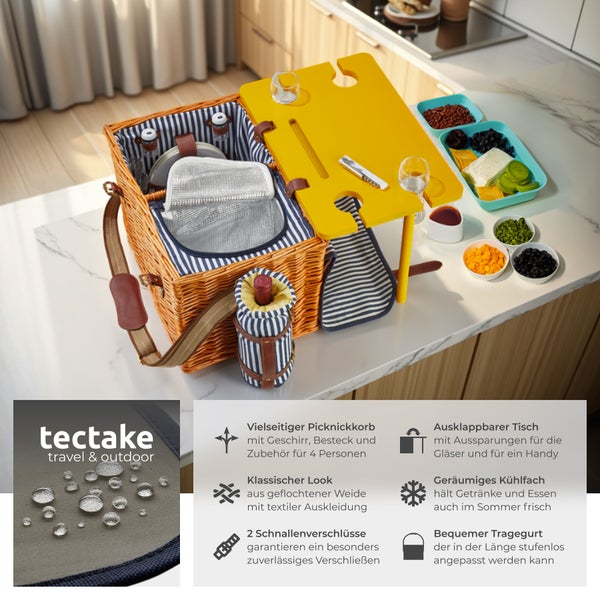 Picknickkorb tectake Rügen inkl. 20-teiliges Geschirrset, Kellnermesser, Gewürzstreuer und Weinkühler für 4 Personen, mit Picknickdecke braun